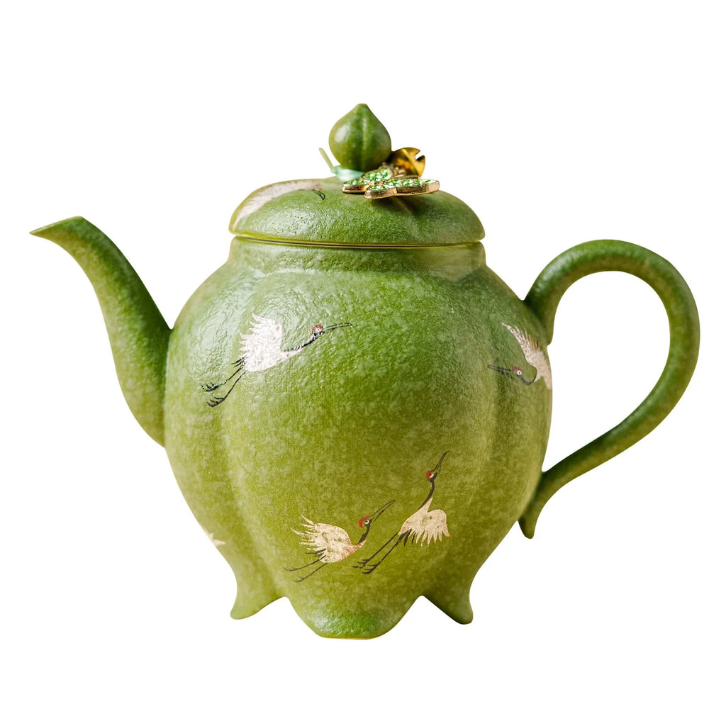 Green Crane Teapot — Premium Gift Box, Enamel Butterfly Ornament Lid
