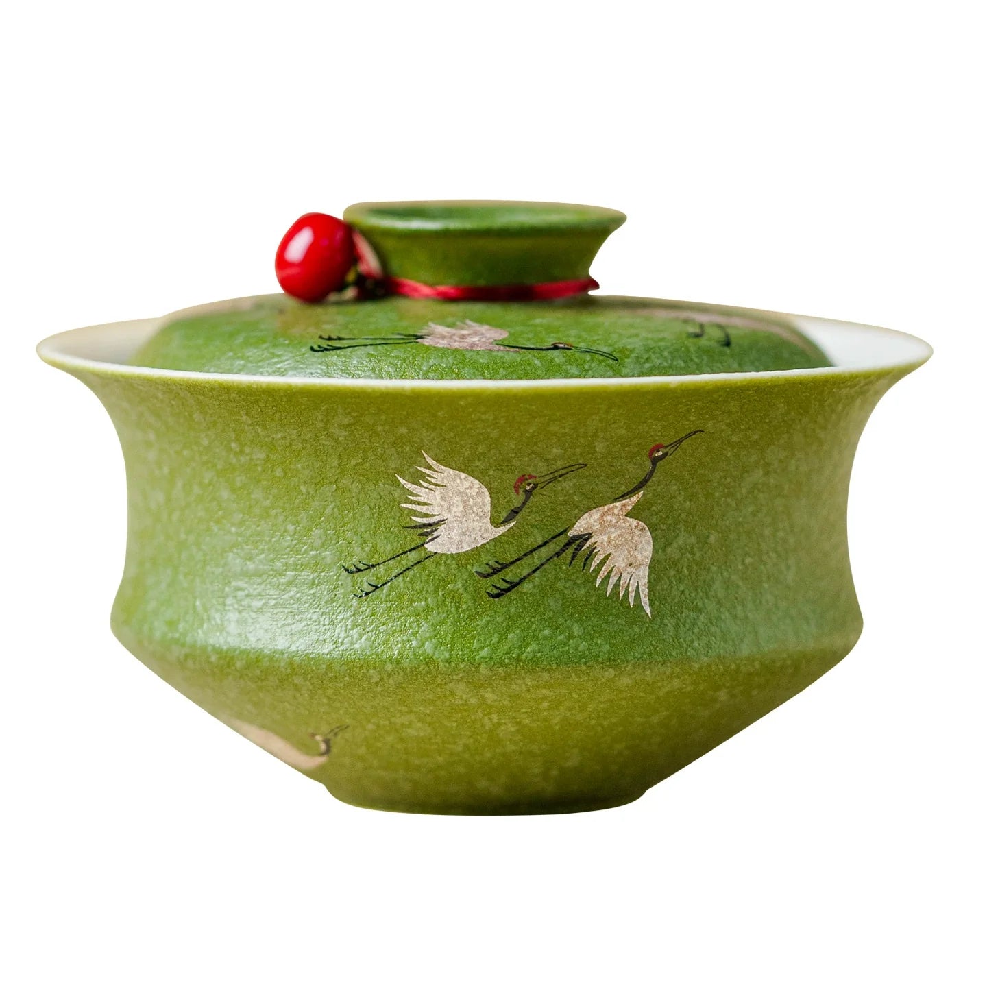 Green Grane Gaiwan —  Handcrafted, Premium Gift Box, Porcelain Teacup with Red Bead Lid