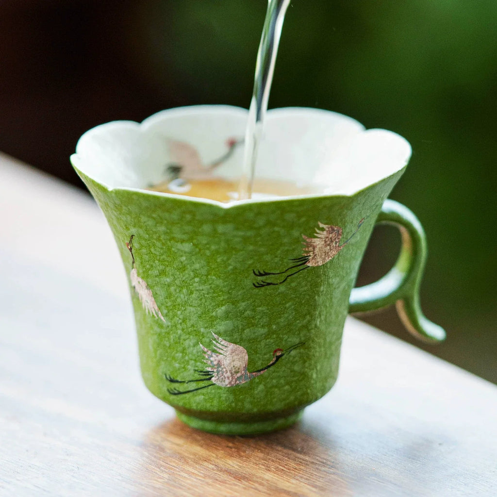 Green Crane Cup/Saucer/Spoon  — Premium Gift Box, Celadon Floral-Rim Tea Cup with Handle - GOSEUNG