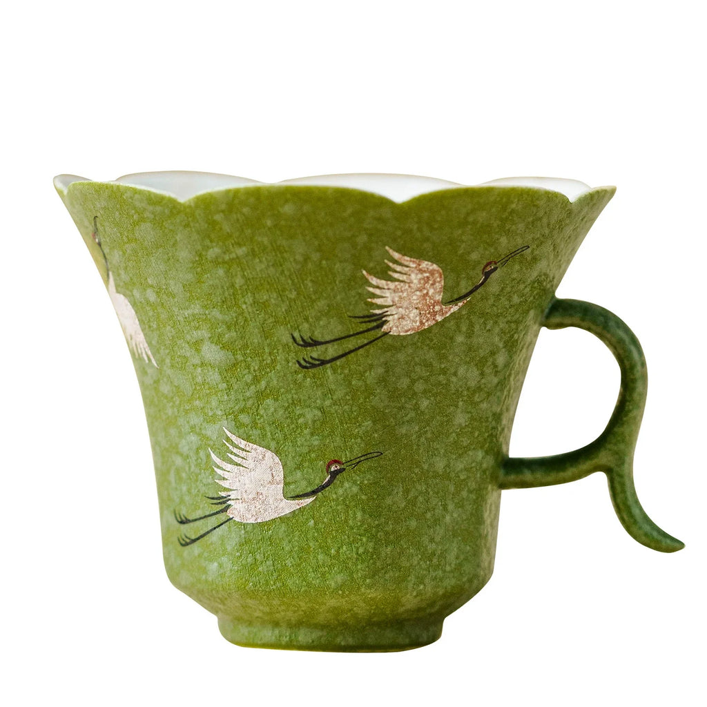 Green Crane Cup/Saucer/Spoon  — Premium Gift Box, Celadon Floral-Rim Tea Cup with Handle - GOSEUNG