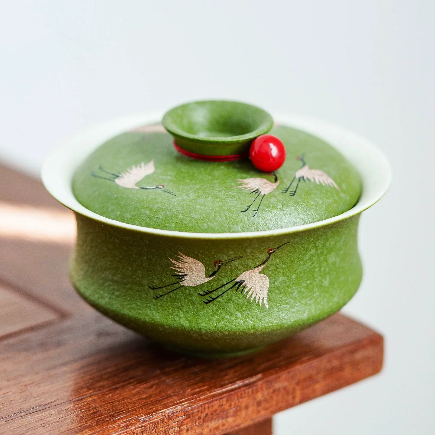 Green Grane Gaiwan —  Handcrafted, Premium Gift Box, Porcelain Teacup with Red Bead Lid