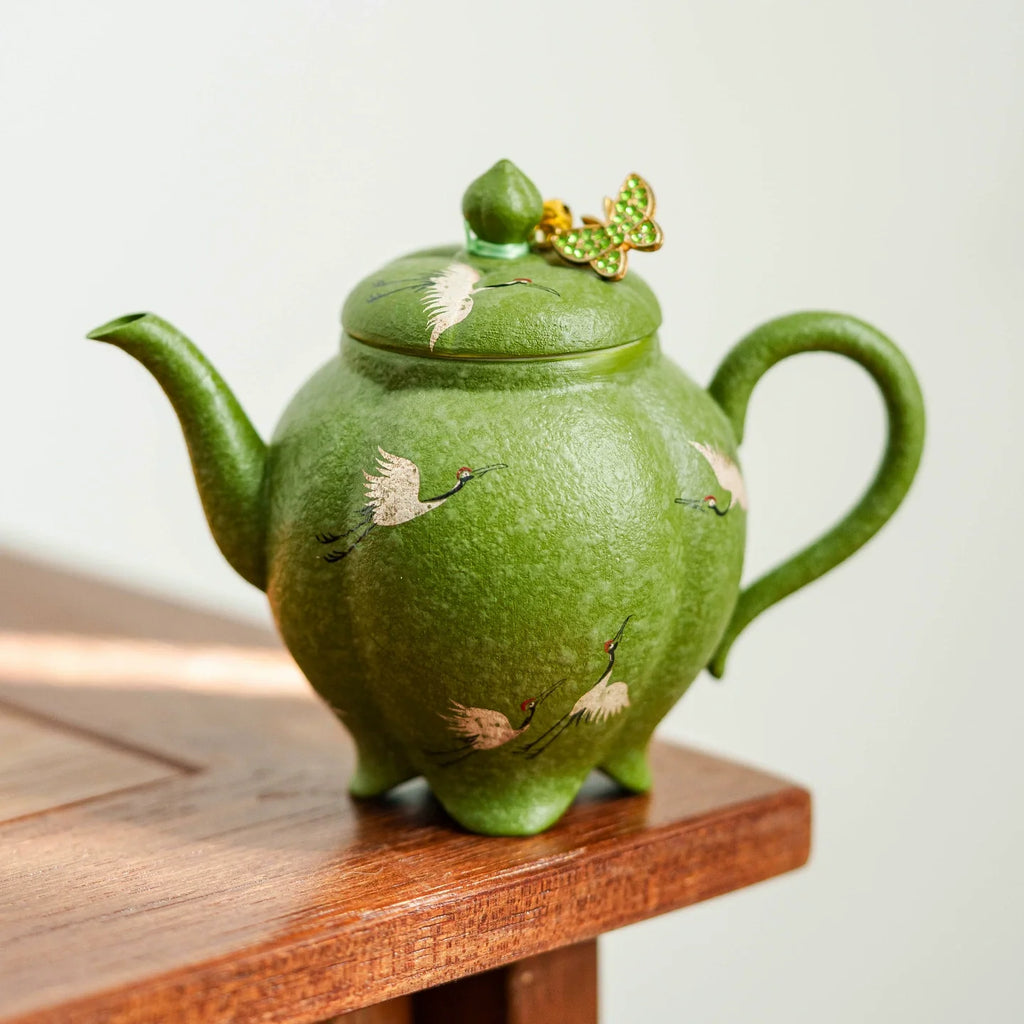 Green Crane Teapot — Premium Gift Box, Enamel Butterfly Ornament Lid