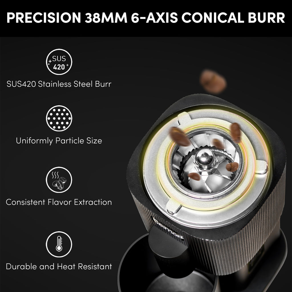 Geimori T38-The True Pro Grade Portable Coffee Grinder with 38mm Conical Burrs, 3600mAh Batteries, Stepless Grind Settings - Wirsh