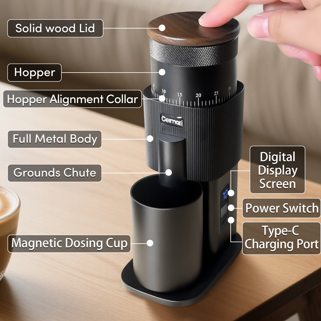 Geimori T38-The True Pro Grade Portable Coffee Grinder with 38mm Conical Burrs, 3600mAh Batteries, Stepless Grind Settings - Wirsh