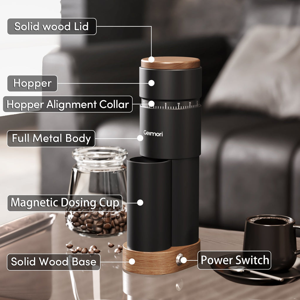 Geimori T38 Plus-The True Pro Grade Portable Coffee Grinder with 38mm Conical Burr, Anti-Static Tech, Stepless Grind Settings, Zero Retention - Wirsh