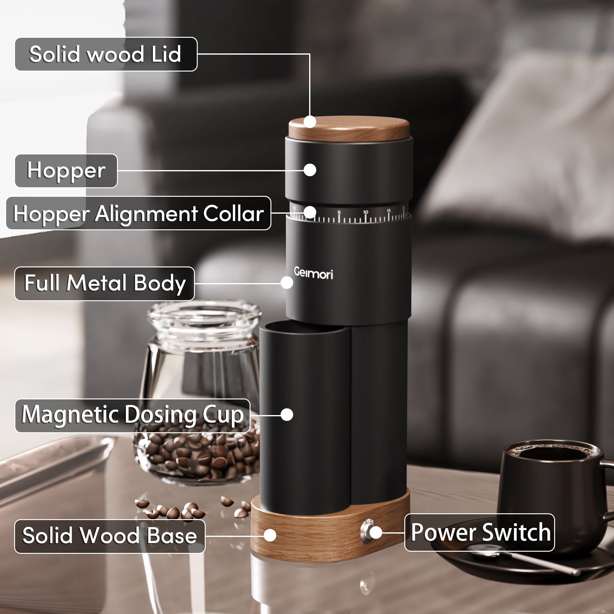 Geimori T38 Plus-The True Pro Grade Portable Coffee Grinder with 38mm Conical Burr, Anti-Static Tech, Stepless Grind Settings, Zero Retention - Wirsh
