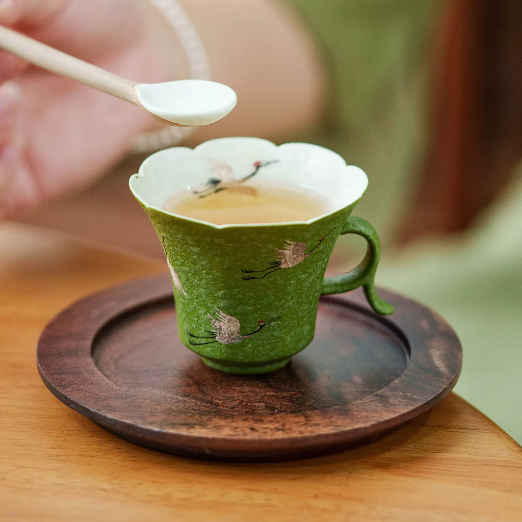 Green Crane Cup/Saucer/Spoon  — Premium Gift Box, Celadon Floral-Rim Tea Cup with Handle - GOSEUNG