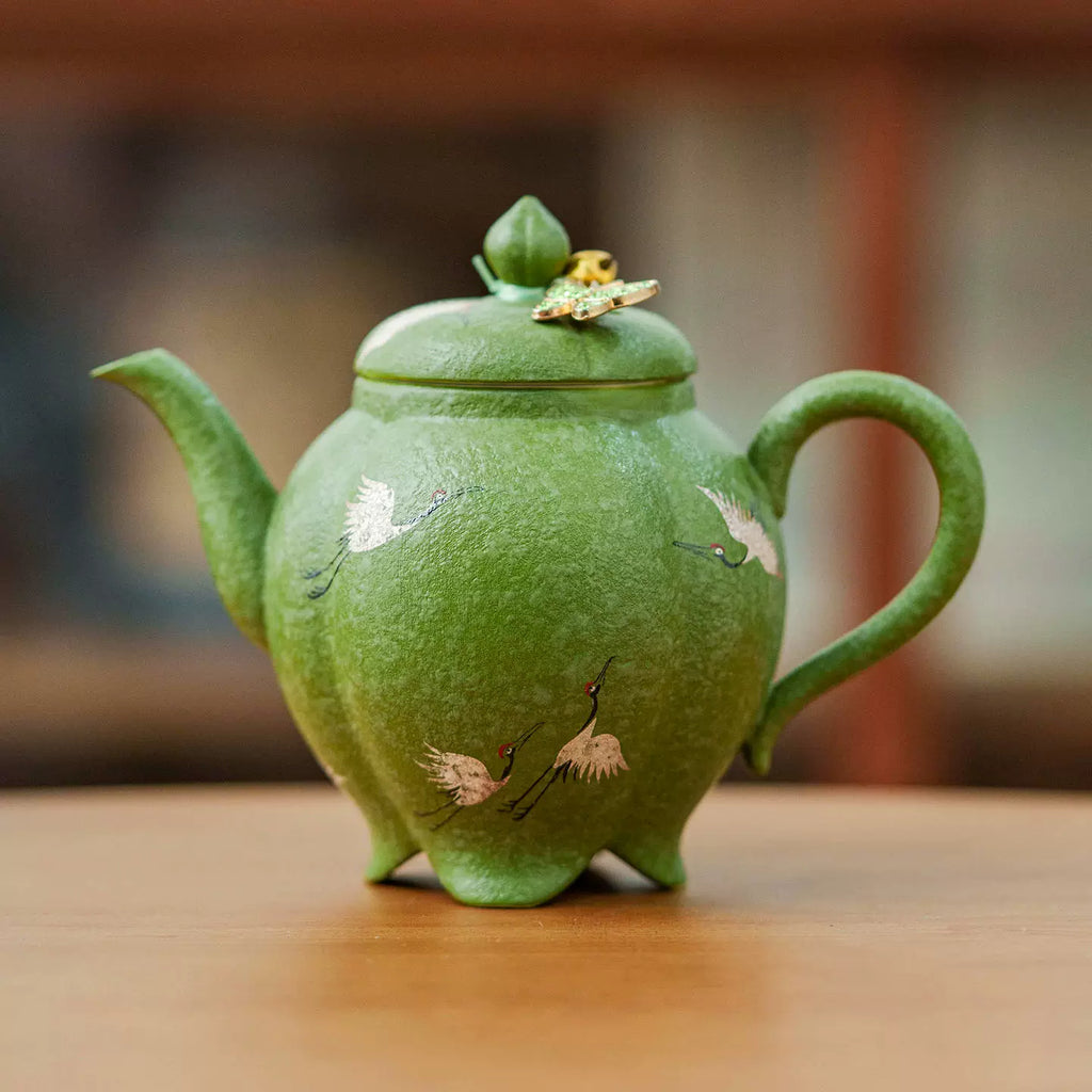 Green Crane Teapot — Premium Gift Box, Enamel Butterfly Ornament Lid