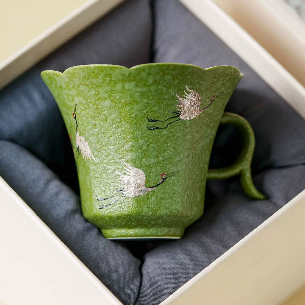Green Crane Cup/Saucer/Spoon  — Premium Gift Box, Celadon Floral-Rim Tea Cup with Handle - GOSEUNG